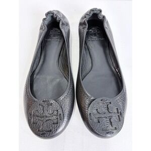 Tory Burch Black Pebbled Leather Reva Ballet Flats Classic Logo Minimal Chic